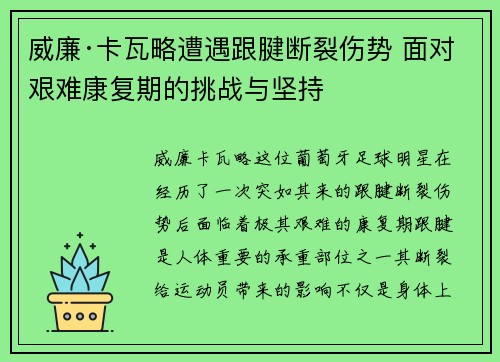 威廉·卡瓦略遭遇跟腱断裂伤势 面对艰难康复期的挑战与坚持